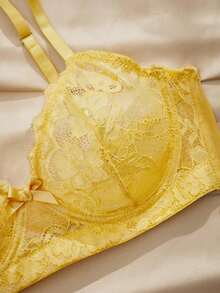 Charlaine Underwire, Lace Patchwork, Sheer, Romantic French Style, Lift Up Women's Bra - Yellow - View 3