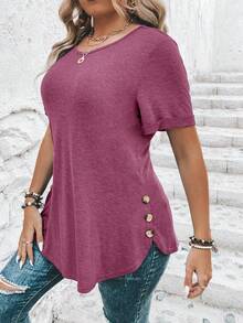 SHEIN Clasi Plus Size Solid Color Round Neck Short Sleeve Casual Summer Versatile T-Shirt, Summer Tops - Red Violet - View 1