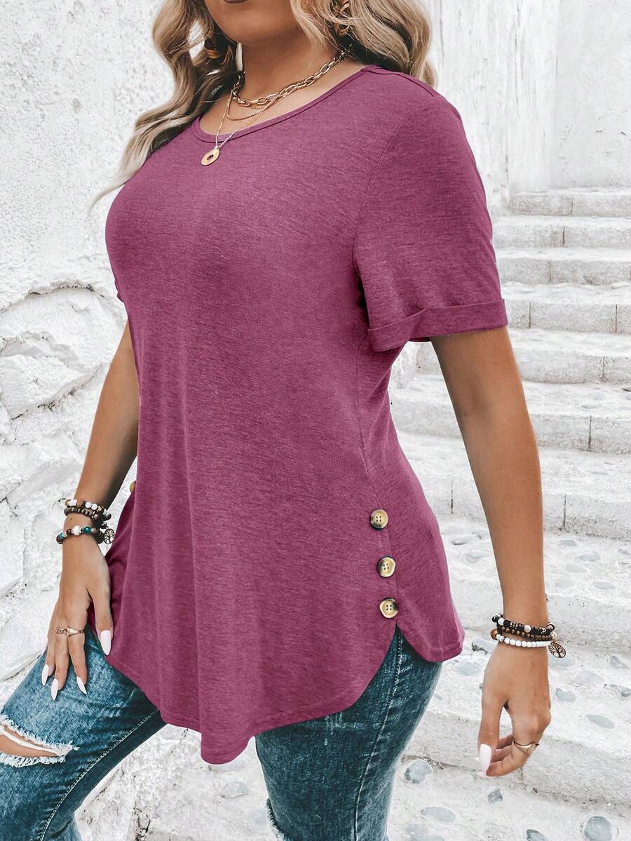 SHEIN Clasi Plus Size Solid Color Round Neck Short Sleeve Casual Summer Versatile T-Shirt, Summer Tops - Red Violet - View 1