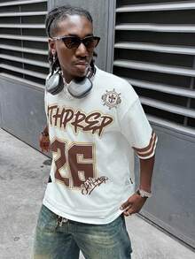 AXEPEAK 男士宽松落肩字母印花网眼短袖T恤 - 棕色 - 查看 5