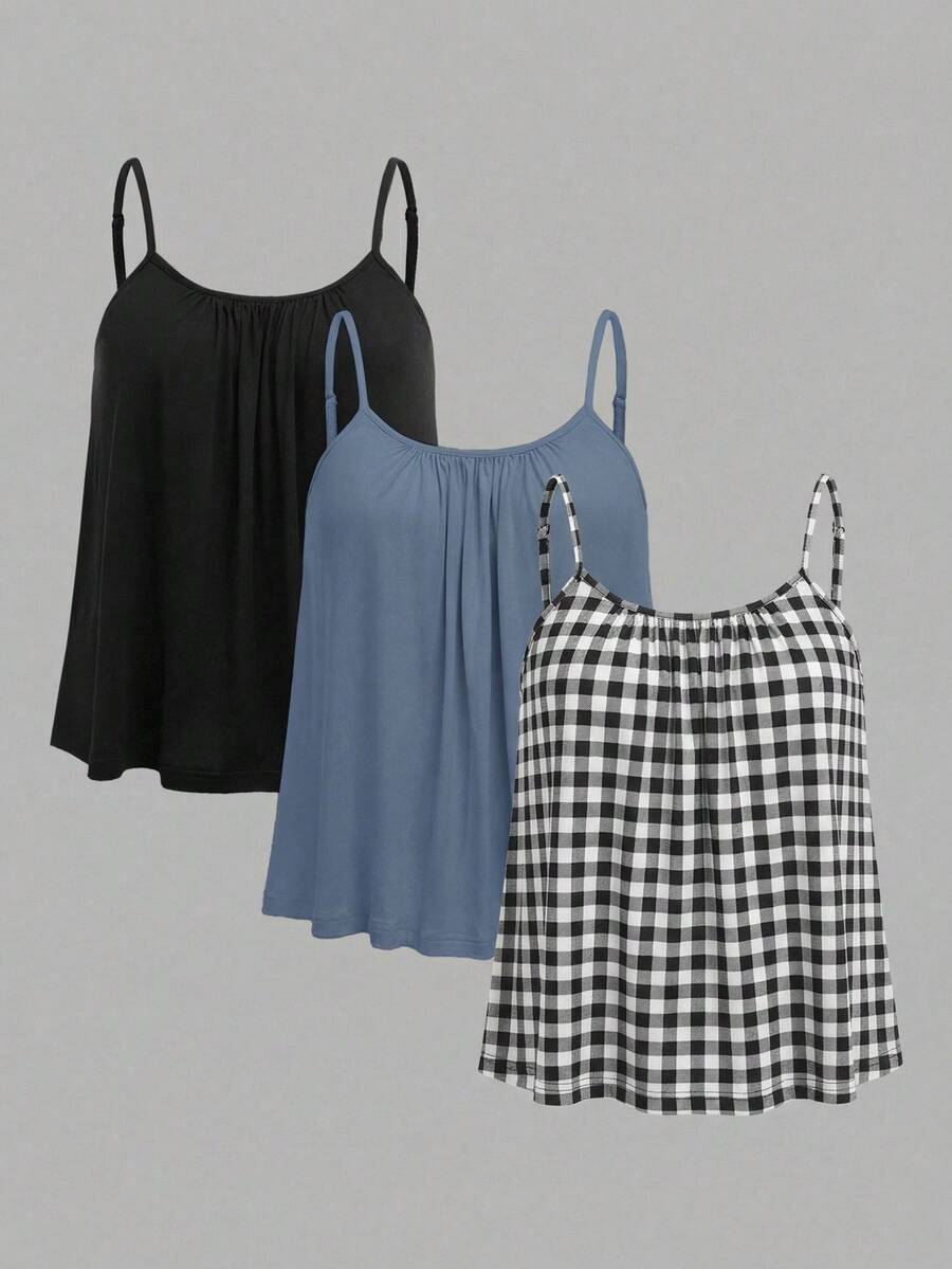 SHEIN EZwear 3件套加大码女式褶皱宽松吊带背心，黑色+雾霾蓝+黑白格子图案，可调节肩带，适合春夏穿着 - 彩色 - 查看 1