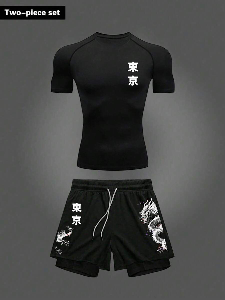 Gym Rark 男士休闲汉字印花插肩袖运动T恤短裤套装，夏季短袖健身套装运动短裤套装训练服跑步套装男士健身服运动套装，轻便 - 黑色 - 查看 1