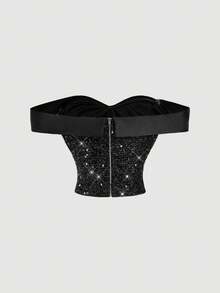 SHEIN MOD Women's Black Summer 70s Party Off-Shoulder Vintage Court Top,Shiny Sequin Embroidery,Sparkling Rhinestone Embellished Fitted Elegant Glitter Top - Black - View 2