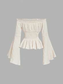 SHEIN MOD 白色露肩系带褶皱胸前荷叶边下摆收腰喇叭袖衬衫。象牙色露肩衬衫，喇叭袖，系带前襟，纹理面料，荷叶边下摆，胸部褶皱，浪漫风格，优雅廓形，柔软触感，轻盈外观，低调光泽，波西米亚风，女性化剪裁，精致细节，收腰设计，自然色，适合夏季假期、度假、狂欢节、情人节、女士情人节、夏季、春假等场合。 - 杏色 - 查看 9