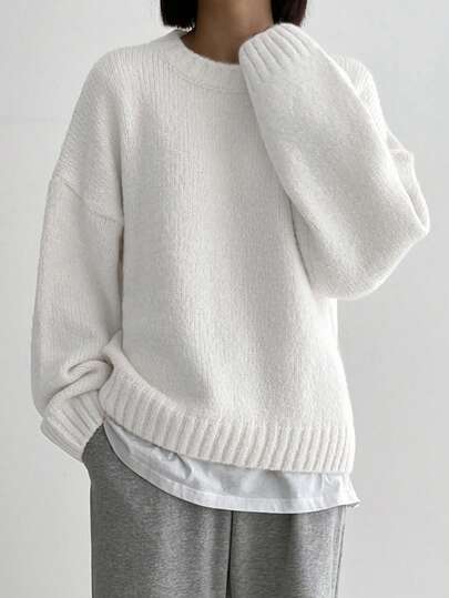 DAZY Suéter sencillo y dulce de cuello redondo de manga larga y unicolor, suave, tops de manga larga, ropa de otoño para mujer