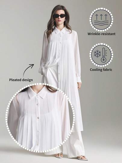 Ontre 女士象牙色舒适雪纺面料，抗皱宽松落肩长袖衬衫，翻领前襟纽扣褶裥装饰，飘逸优雅的现代婚礼宾客装扮，简约浪漫法式奢华都市时尚办公服饰