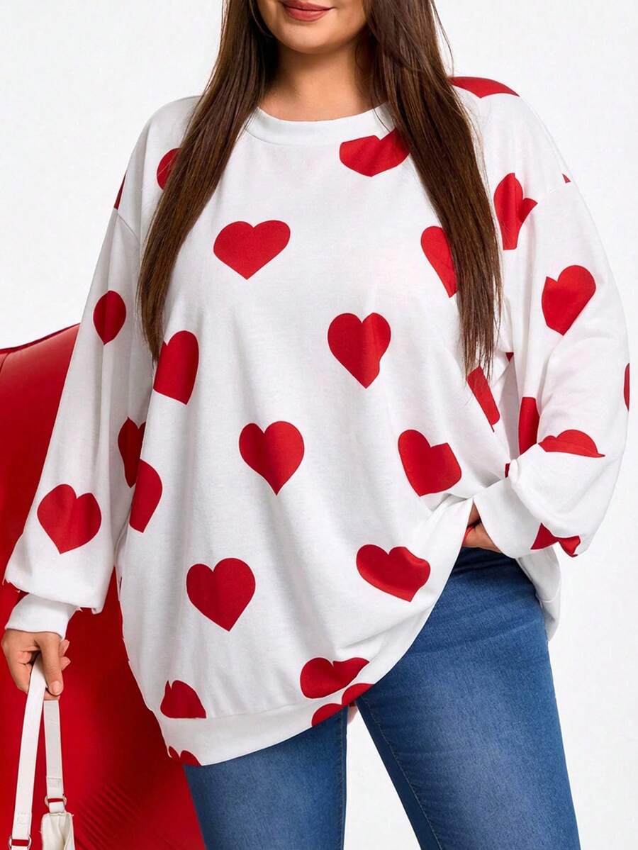 SHEIN CURVE+ 加大码/情人节/大码休闲宽松纽约印花圆领长袖卫衣，女款，秋冬款 - 白色 - 查看 1