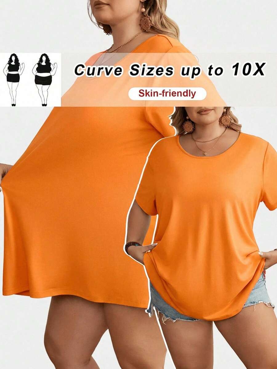 SHEIN CURVE+ Áo thun tay ngắn cổ tròn màu trơn cỡ lớn kiểu dáng thường ngày - trái cam - Xem 1