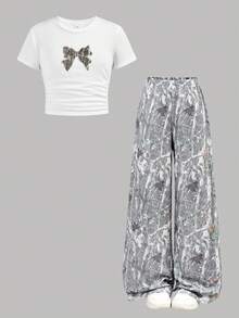 Tween Girls Bestselling Leaf Print 2 Pieces Knit Set, Casual, Fashionable, Versatile, Suitable For Outings, Sister Photo Shoots, Park Trips, Camping, Vacations, Daily Casual Wear - Multicolor - View 12