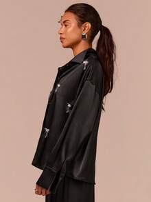 COSMINA Women's Elegant Rhinestone Decor Long Sleeve Blouse, Versatile For Office And Commute, All Season,  Satin Shirts For Women,  Black Button Up Shirt Women,  Rhinestone Shirt,  Satin Blouses For Women,  Sexy Blouses - Black - View 7