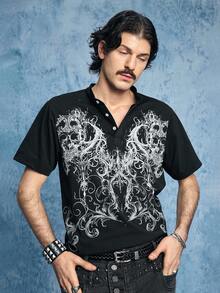 ROMWE MEN Goth Men's Casual Henley Neck Printed Short Sleeve T-Shirt, Summer - Black - View 5