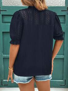 Reflora Blusa holgada de manga corta con parches de encaje para mujer de talla grande - Azul Marino - Ver 2