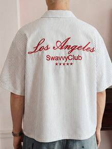 SWAVVY Men's Casual Fashionable Street Daily Commute Letter Embroidery Striped Print Short Sleeve Shirt, Summer - White - View 1