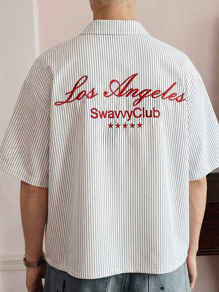 SWAVVY Men's Casual Fashionable Street Daily Commute Letter Embroidery Striped Print Short Sleeve Shirt, Summer - White - View 1