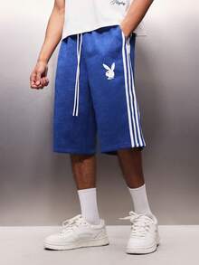 PLAYBOY X SUMWON Celana Pendek Basket Jersey Logo Kelinci dengan Pinggang Elastis Bertali dan Detail Garis Samping untuk Pakaian Kasual Musim Panas - Biru - View 1