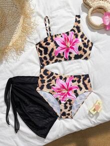 Leopard & Tropical Print Tween Girls' Cutout One-Piece Sleeveless Swimsuit, Summer Beach - Multicolor - View 3