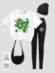 Ensemble de t-shirt court et leggings pour filles pré-adolescentes, style printemps et été décontracté, créatif, personnalisé, frais, élégant, minimaliste avec imprimé de trèfle, floral, vert, numéro 67, cœur, étoile, nœud. Confortable, styles d'été et d'automne adaptés pour les filles au printemps, en été et en automne - Multicolore - Voir 5