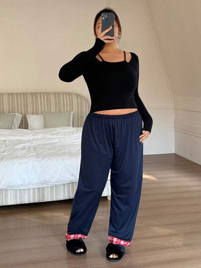 Dream Adore Plus Size Casual Patchwork Plaid Print Straight Leg Pajama Pants