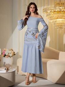 Modelyn Áo choàng Abaya truyền thống kiểu Trung Đông Ả Rập, vai lệch, đính cườm và thêu ghép mảnh màu xanh nhạt, kiểu dáng bất đối xứng. - Màu xanh lam - Xem 4