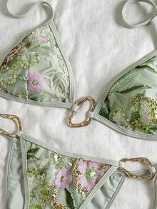 SHEIN Swim Women's Embroidered Fabric Metal Decor Halter Tie Sexy Bikini Set, Suitable For Beach & Holiday - Green - View 8