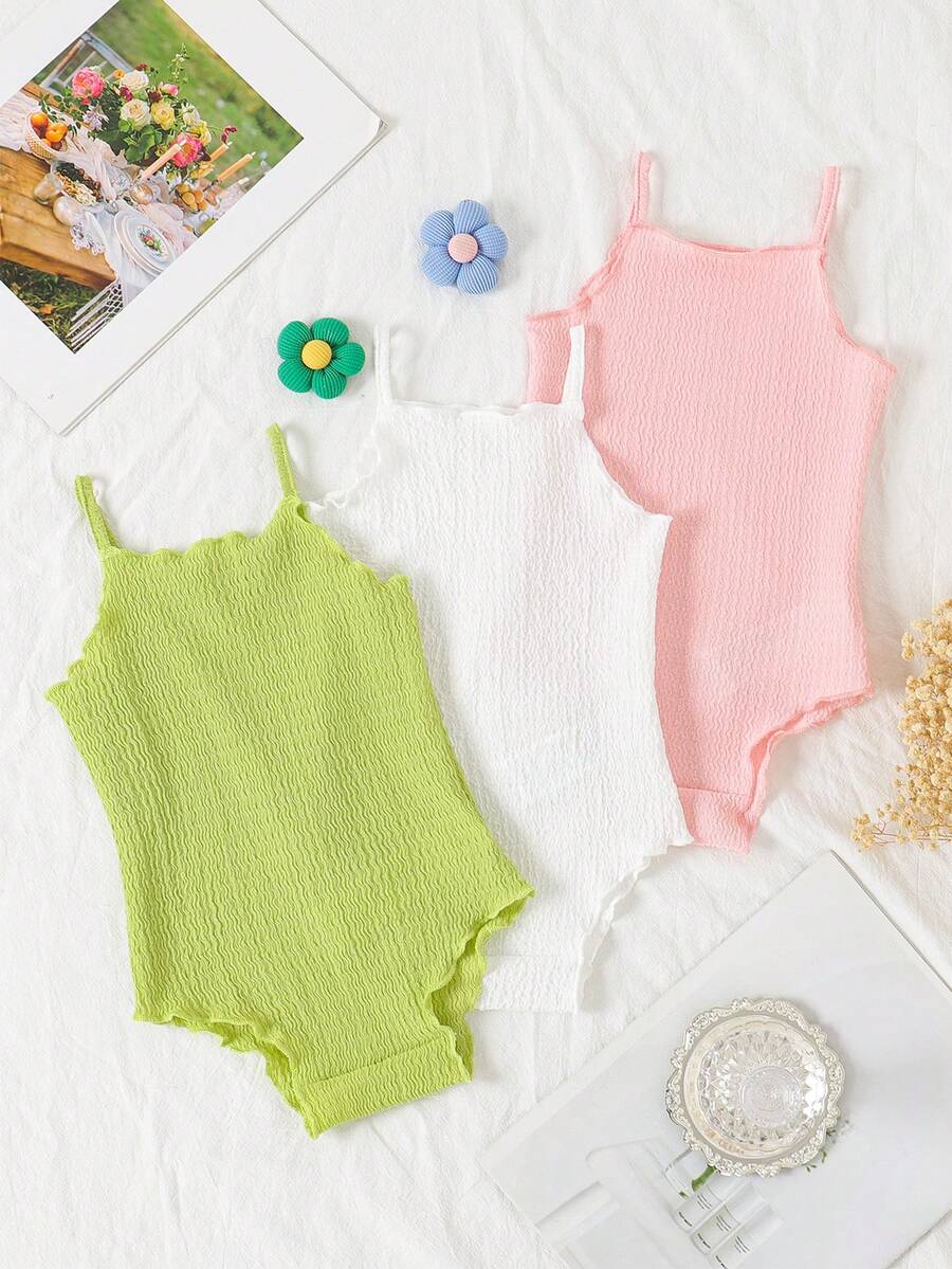 SHEIN Playful Pals 3pcs/Set Newborn Baby Girls' Comfortable Versatile Solid Color Knit Camisole Romper Set, Spring/Summer