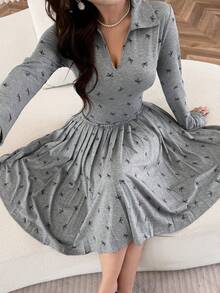 Feyla Vestido mini con cuello plisado elegante para mujer, para uso diario - Gris Claro - Ver 4