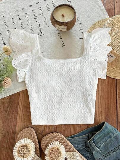 LMoss Kids White Casual Vacation Home Patchwork Embroidery Lace Trim Fitted Short T-Shirt