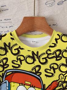 SpongeBob SquarePants | SHEIN Áo thun ngắn tay cổ tròn in họa tiết tối giản dành cho bé trai - trắng - Xem 5