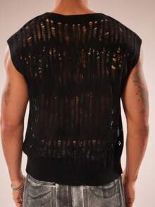 FeverCity Solid Color Crew Neck Sleeveless Hollow-Out Knit Sweater, Versatile For Summer - Black - View 2