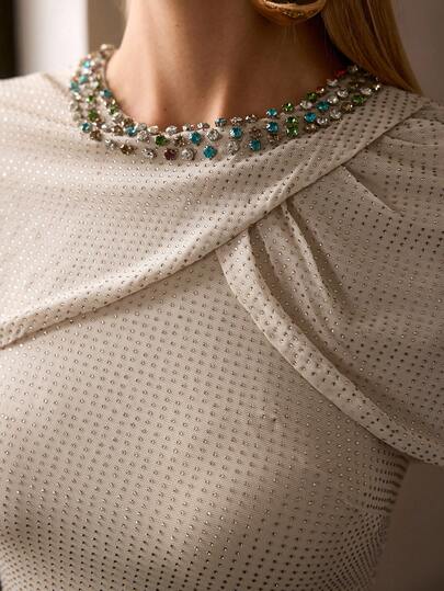 MOTF Soiréza ELEGANT ROUND NECK COLORFUL RHINESTONE DETAIL NECKLINE ASYMMETRIC CAPE-STYLE FLUTTER SLEEVES MAXI PARTY GOWN – ALL-OVER RHINESTONE FABRIC , WAIST RUCHING & FORM-FITTING MERMAID HEM | IDEAL FOR PARTIES, GALAS, NEW YEAR'S EVE & FORMAL EVENTS