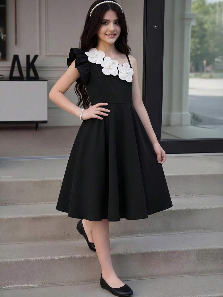 Elladie kids 少女时尚派对宴会不对称荷叶边领撞色3D立体花卉腰部修身A字连衣裙 - 黑色 - 查看 1