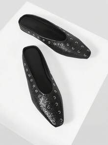 Mnmlis Giày bít mũi kiểu Anh cổ điển dành cho nữ, mẫu thời trang mới mùa xuân/hè, giày bệt màu đen đa năng, thích hợp mang ngoài trời, dịp Giáng sinh. - Than chì đen - Xem 4