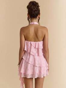 SHEIN BAE Đầm mùa xuân/hè màu hồng trơn, họa tiết hoa jacquard, cổ yếm, vạt xếp ly bất đối xứng, thanh lịch và gợi cảm, thích hợp cho tiệc tùng, kỳ nghỉ, tiệc chiêu đãi, đám cưới, đi chơi tối, hẹn hò lãng mạn. - Hồng - Xem 2