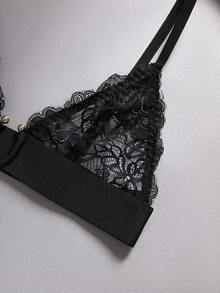 Black Wireless Triangle Cup Metal Ring Shiny Lace Patchwork Romantic French Elegant Refined Ladies Bra - Black - View 5