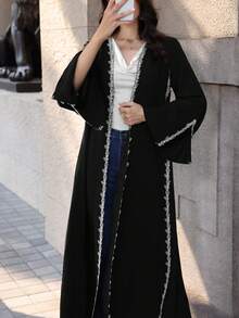 SHEIN Najma Women's Long Sleeve Lace Trim Patchwork Abaya Robe - Black - View 2