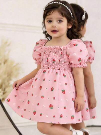 SHEIN Summer Floral Print Ruffled Collar Puff Sleeve Sweet Dress For Baby Girls