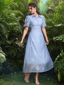 Modelyn Collared Waist Drawstring Puff Sleeve Blue Embroidered Dress - Blue - View 3