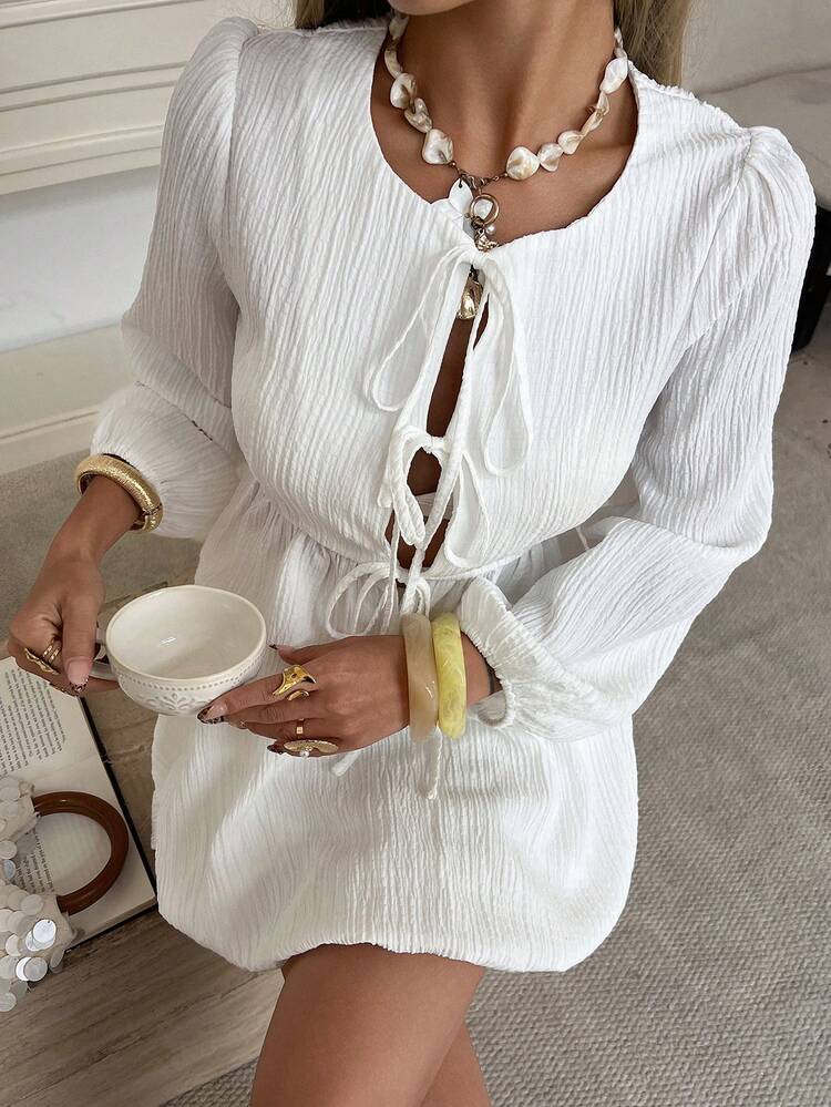 Women's Solid Color Textured Fabric Tie Bow Lantern Sleeve Shirt & Shorts Casual Holiday 2-Piece Set, Spring/Summer