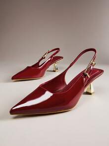 SHUZIA #ElegantGlam Women's Glossy Pat Wine Pointed Toe Metal-Plated Kitten-Heel Signature Buckle Slingback Pumps–Desinger-Inspired,Chic&Comfortable - Burgundy - View 3