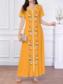 Al Najma Robe imprimée à rayures avec broderie florale et végétale, robe élégante à col V, manches courtes, taille cintrée, convient pour les vacances et le port quotidien, été - Multicolore - Voir 4