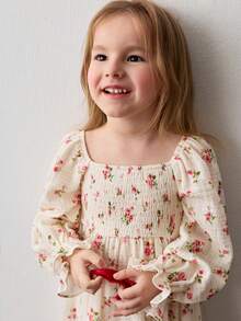 Maija Kids Young Girl Rose Print Puff Sleeve Casual Long Sleeve Dress,Kids - Apricot - View 7