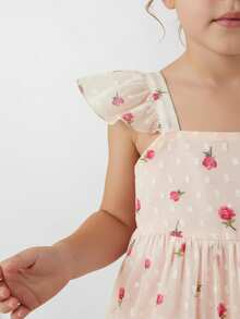 SHEIN Maija Kids 年轻女孩碎花蝴蝶结装饰盖袖连衣裙 - 粉色 - 查看 4