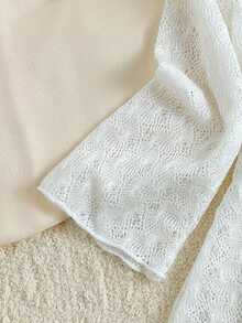 Girls Swimsuit Cover Up, White Hollow-Out Fabric, Long Sleeve, Casual Beach Vacation - White - View 5