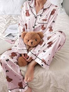 亚洲风梦幻爱心女士粉色底泰迪熊蝴蝶结爱心印花仿丝翻领开衫和裤子睡衣套装 - 淺粉色 - 查看 6