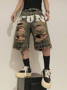 STEELVANCE Men's Casual Street Washed Distressed Letter Print Denim Shorts, Summer - Light Wash - View 3