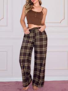 Women's Retro Casual Ins Plaid Print & Comfortable Button Knit Pajama Set - Brown - View 4