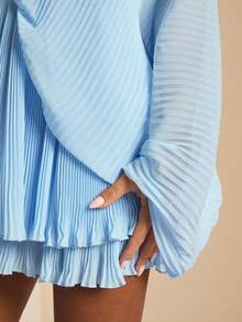 SHEIN BAE Baby Blue Elegant Ruched V-Neck Backless Batwing Sleeve Mini Dress, Suitable For Wedding Guest, Brunch, Social Occasions, Summer, Date, Birthday Party - Baby Blue - View 3