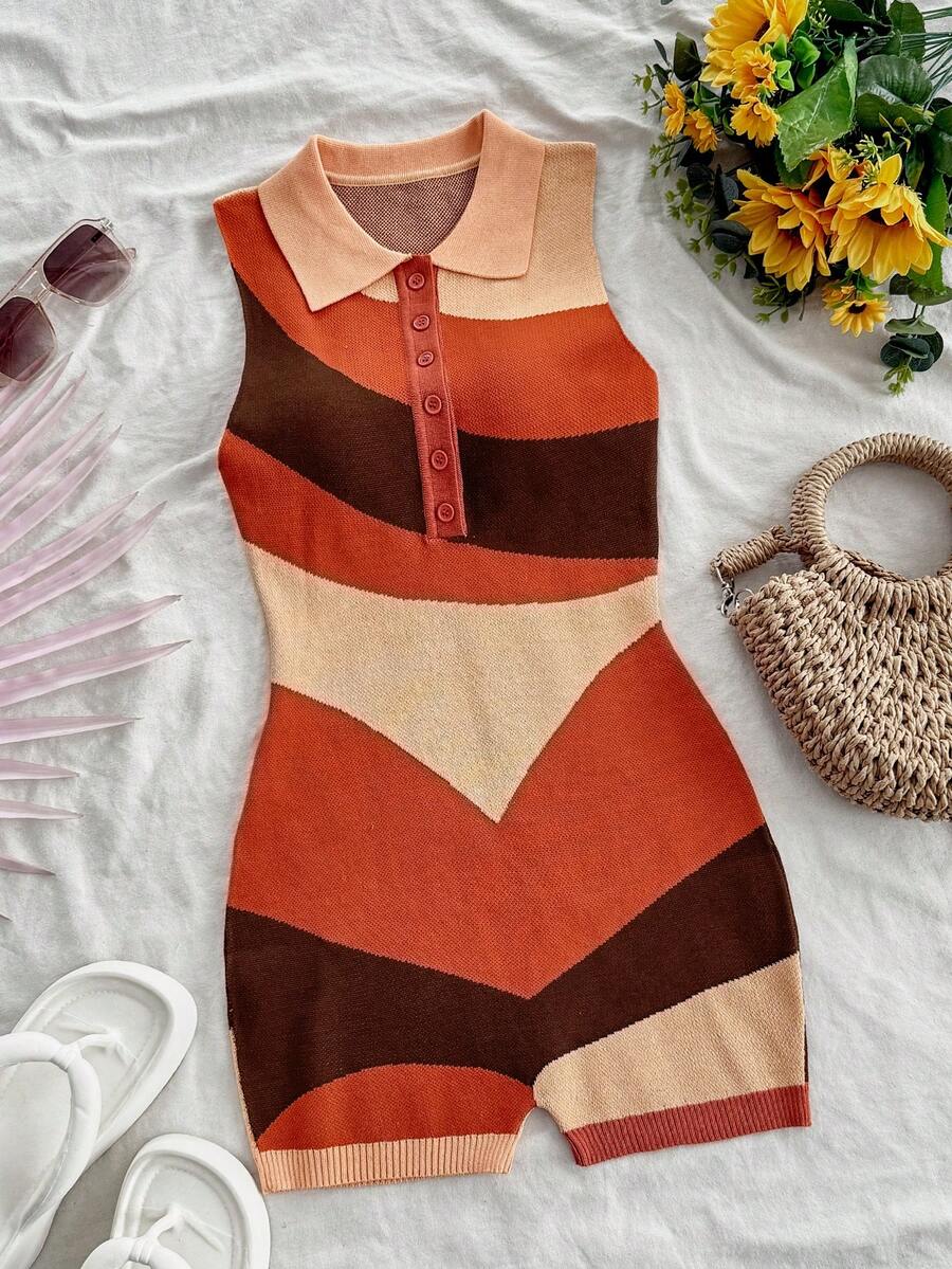 Soleia Women's Sleeveless Contrast Color Rib Knit Jumpsuit Shorts - Multicolor - View 1