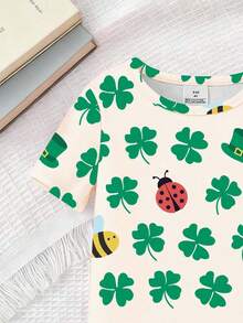 1 Set de pijama ajustado para niñas, estampado de trébol, abeja de dibujos animados y animal en primavera/verano, con top de manga corta y pantalones cortos de punto para uso en casa - Albaricoque - Ver 4