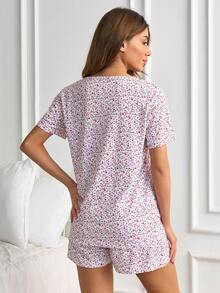 SHEIN Women Floral Printed 2 Pieces Pajama Set - Pink - View 2